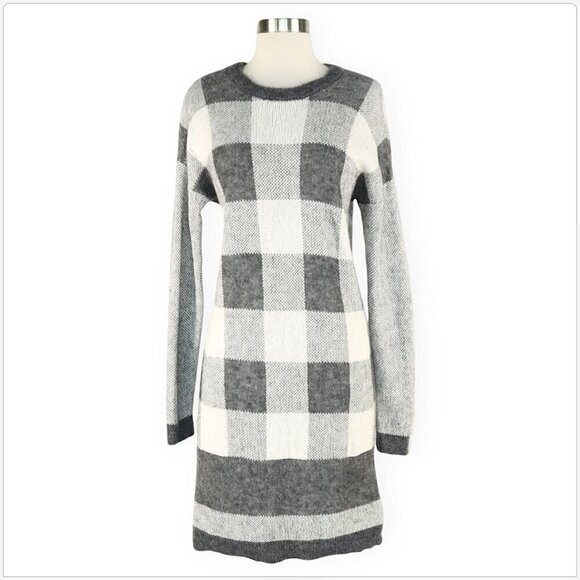 Banana Republic Gray Ivory Buffalo Check Textured Mohair Knit Sweater Dress  M - Picture 2 of 6